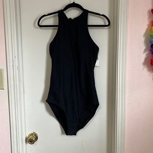 Black high neck one piece open back swimsuit